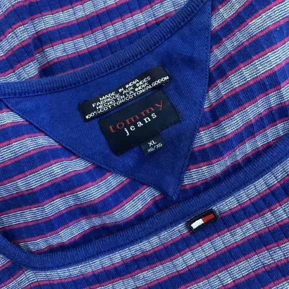 Tommy Hilfiger Tommy Jeans Striped T Shirt Y2K Womens Square Neck Logo Side Slit - Picture 7 of 7